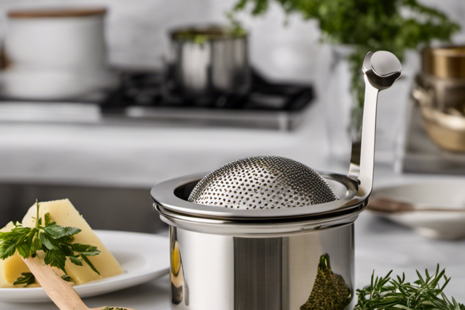 An image showcasing a sleek, stainless steel butter infuser, filled with creamy butter and surrounded by an array of aromatic herbs and spices, ready to be melted into perfectly infused spreads