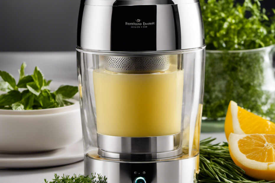 An image showcasing a sleek and compact herbal butter infuser, with a stainless steel exterior shimmering under soft, ambient lighting