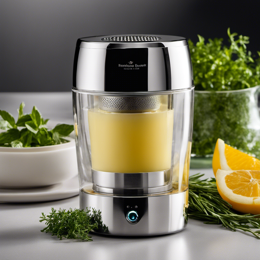An image showcasing a sleek and compact herbal butter infuser, with a stainless steel exterior shimmering under soft, ambient lighting