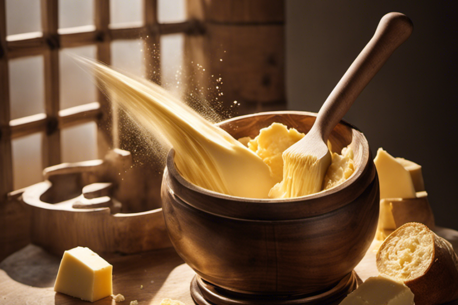 An image that showcases the step-by-step process of making blonde butter: a close-up of golden, creamy butter being churned in a vintage wooden butter churner, with sunlight streaming through a nearby window