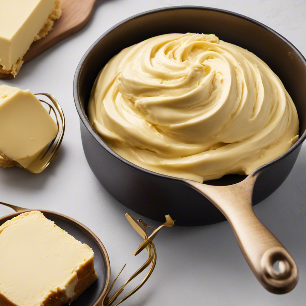 An image showcasing the step-by-step process of making blonde butter: a close-up shot of creamy butter slowly melting in a golden pan, while a whisk gently stirs it, releasing a rich aroma