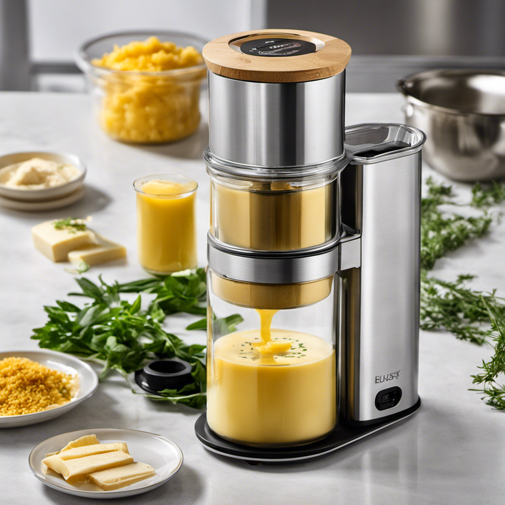 An image showcasing the Blusky Butter Machine Butter Infuser: a sleek, stainless steel device with a transparent lid, gently infusing creamy butter with aromatic herbs and spices, producing a delectable golden mixture