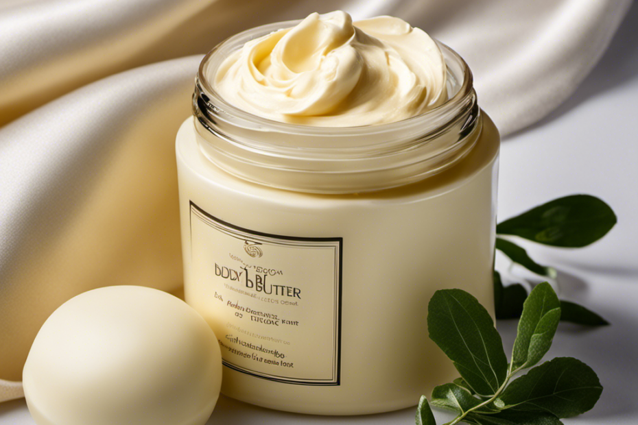 An image showcasing the step-by-step application process of body butter: a hand scooping a dollop of rich cream, gently massaging it onto smooth skin, and the final result of moisturized, glowing limbs