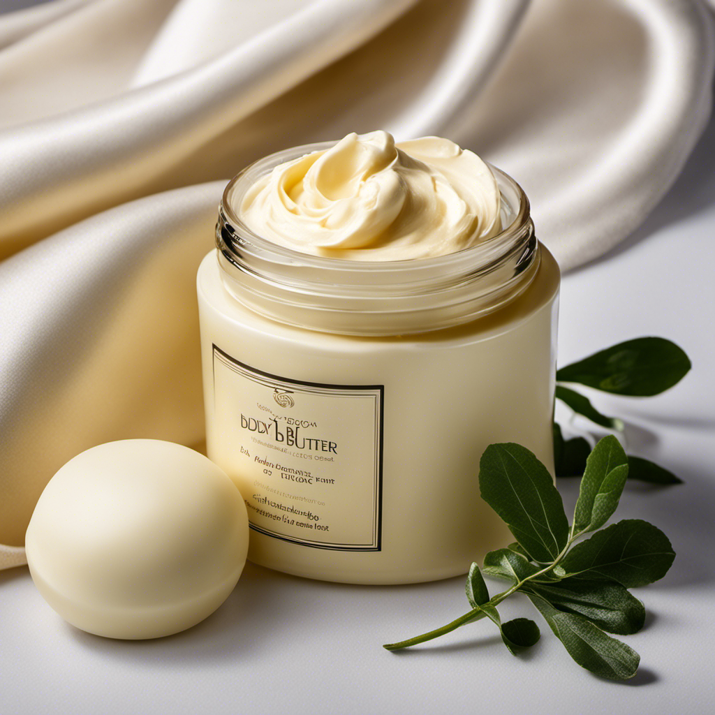 An image showcasing the step-by-step application process of body butter: a hand scooping a dollop of rich cream, gently massaging it onto smooth skin, and the final result of moisturized, glowing limbs