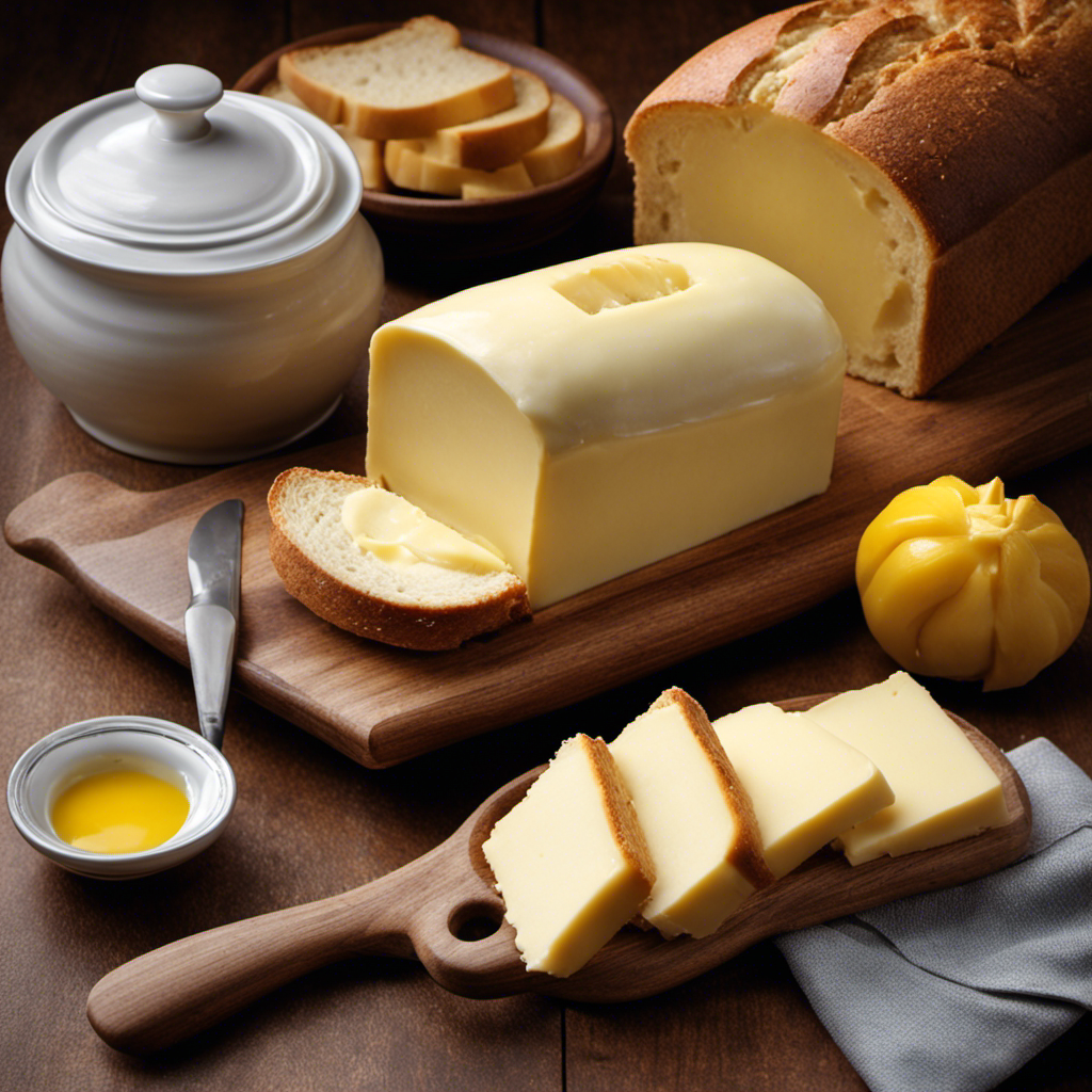An image showcasing a butter bell in action: a butter-filled crock resting on a wooden dish, surrounded by slices of freshly baked bread, with a delicate butter knife poised to spread the perfectly softened, creamy butter onto a slice