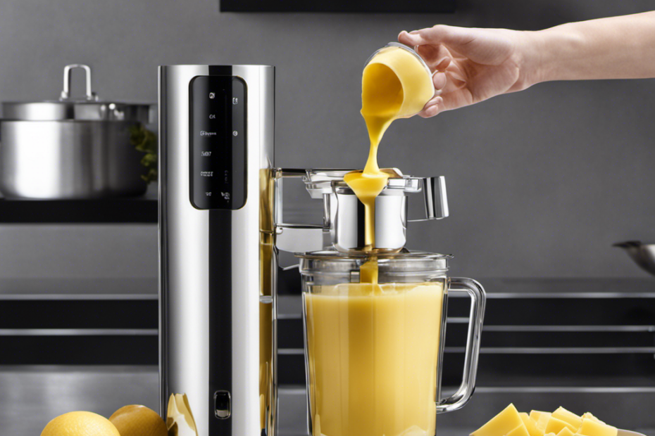 An image showcasing a sleek, modern rapid infuser device infused with a golden stream of creamy butter, cascading effortlessly into a mixing bowl