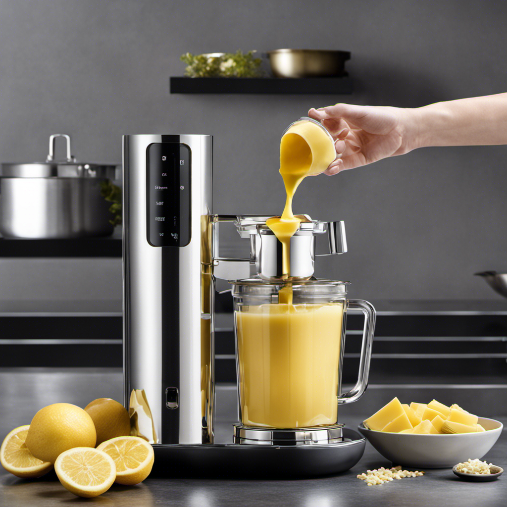 An image showcasing a sleek, modern rapid infuser device infused with a golden stream of creamy butter, cascading effortlessly into a mixing bowl