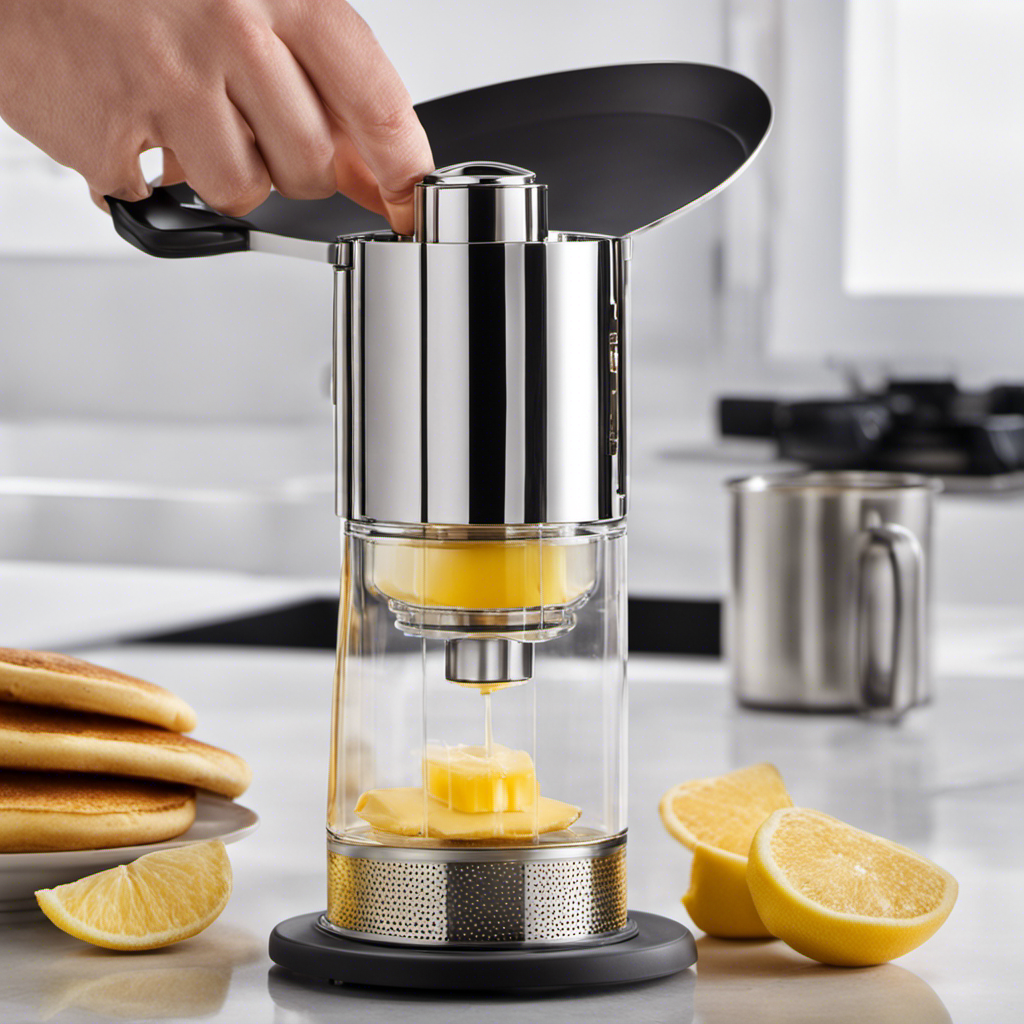An image showcasing the innovative Butter Infuser Amazon: A sleek, stainless steel device with an ergonomic handle, featuring a transparent reservoir for melted butter, pouring effortlessly over a stack of golden pancakes, emitting a tantalizing aroma