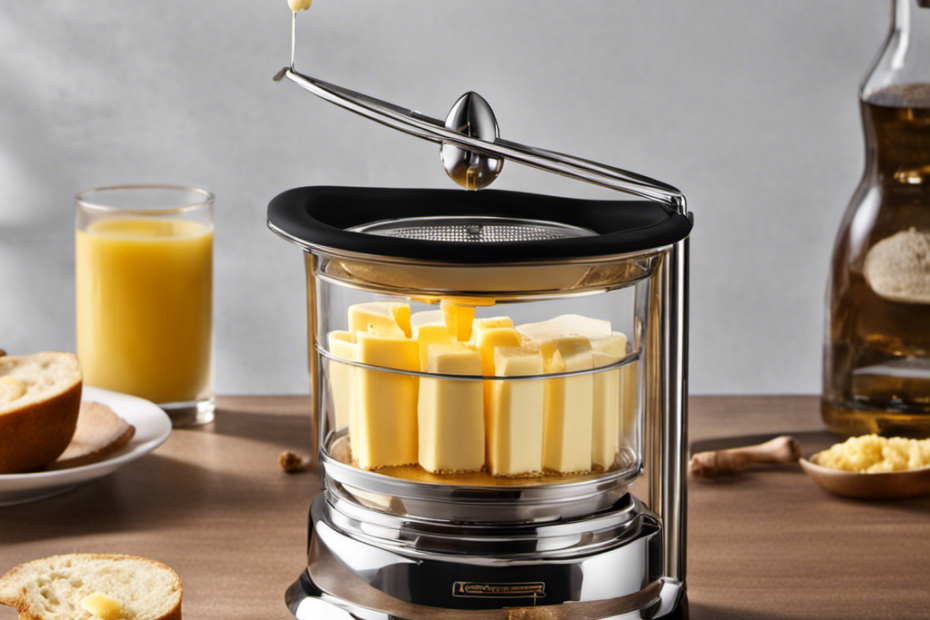 An image that showcases a sleek, stainless steel Butter Infuser Machine, with a transparent glass lid revealing creamy butter melting inside