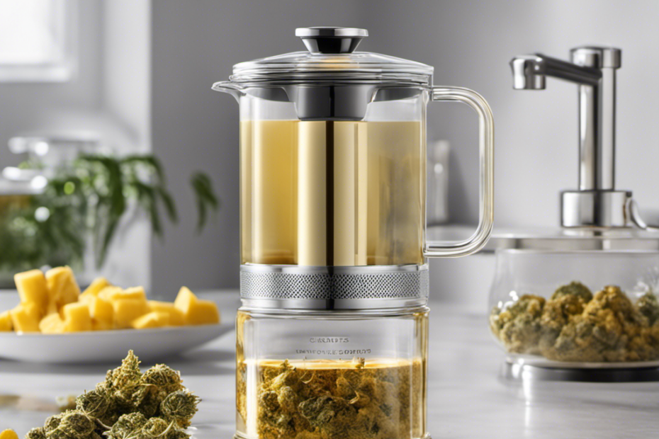 An image showcasing a sleek, modern kitchen countertop adorned with a glass jar filled with rich, golden cannabis-infused butter