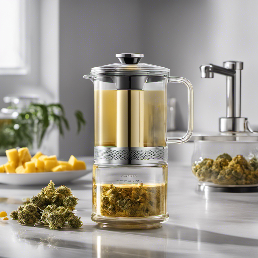 An image showcasing a sleek, modern kitchen countertop adorned with a glass jar filled with rich, golden cannabis-infused butter