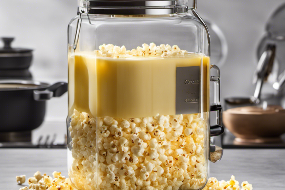 An image showcasing a sleek, modern kitchen countertop with a transparent glass jar filled with melted butter, gently cascading over freshly popped popcorn