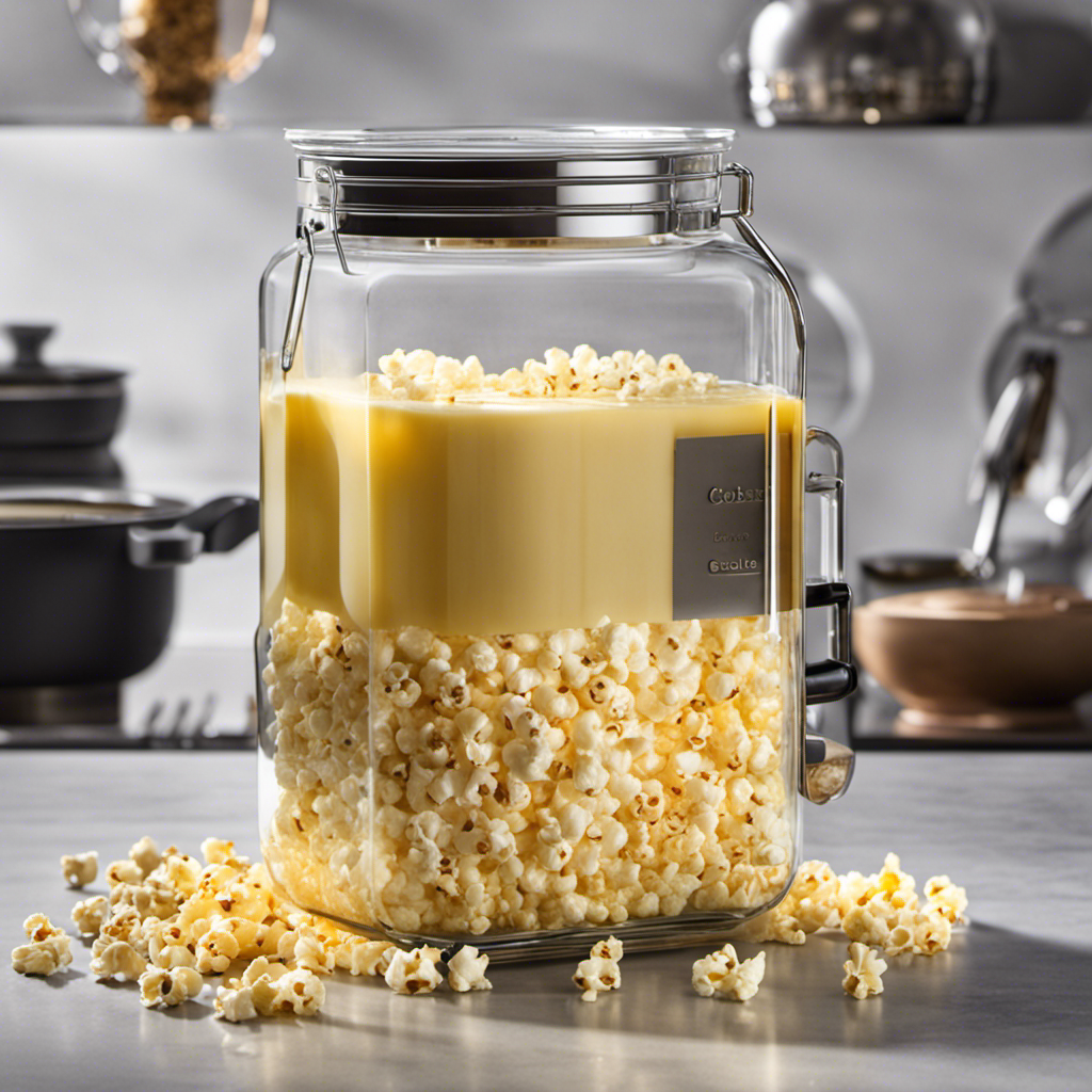 An image showcasing a sleek, modern kitchen countertop with a transparent glass jar filled with melted butter, gently cascading over freshly popped popcorn