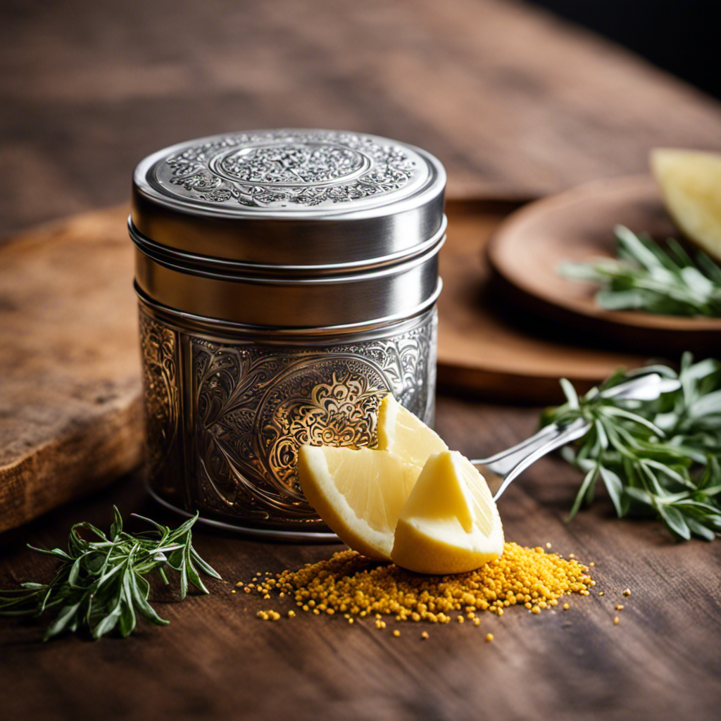An image of a sleek, silver Butter Infuser Tin nestled on a rustic wooden countertop