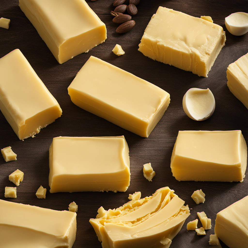 An image that showcases a close-up view of a creamy slab of butter, highlighting its rich, golden hue and smooth texture, providing visual cues to convey the percentage of butterfat it contains