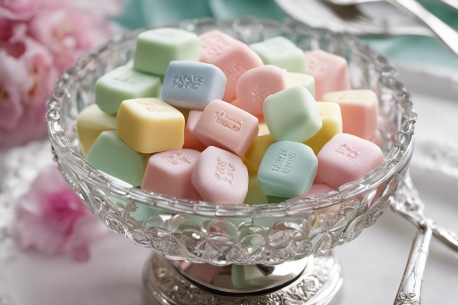 An image of a delicately arranged assortment of pastel-colored butter mints, adorned with elegant silver tongs, showcased on a vintage crystal dish atop a crisp white tablecloth, inviting readers to discover the ultimate destinations for purchasing these delectable treats