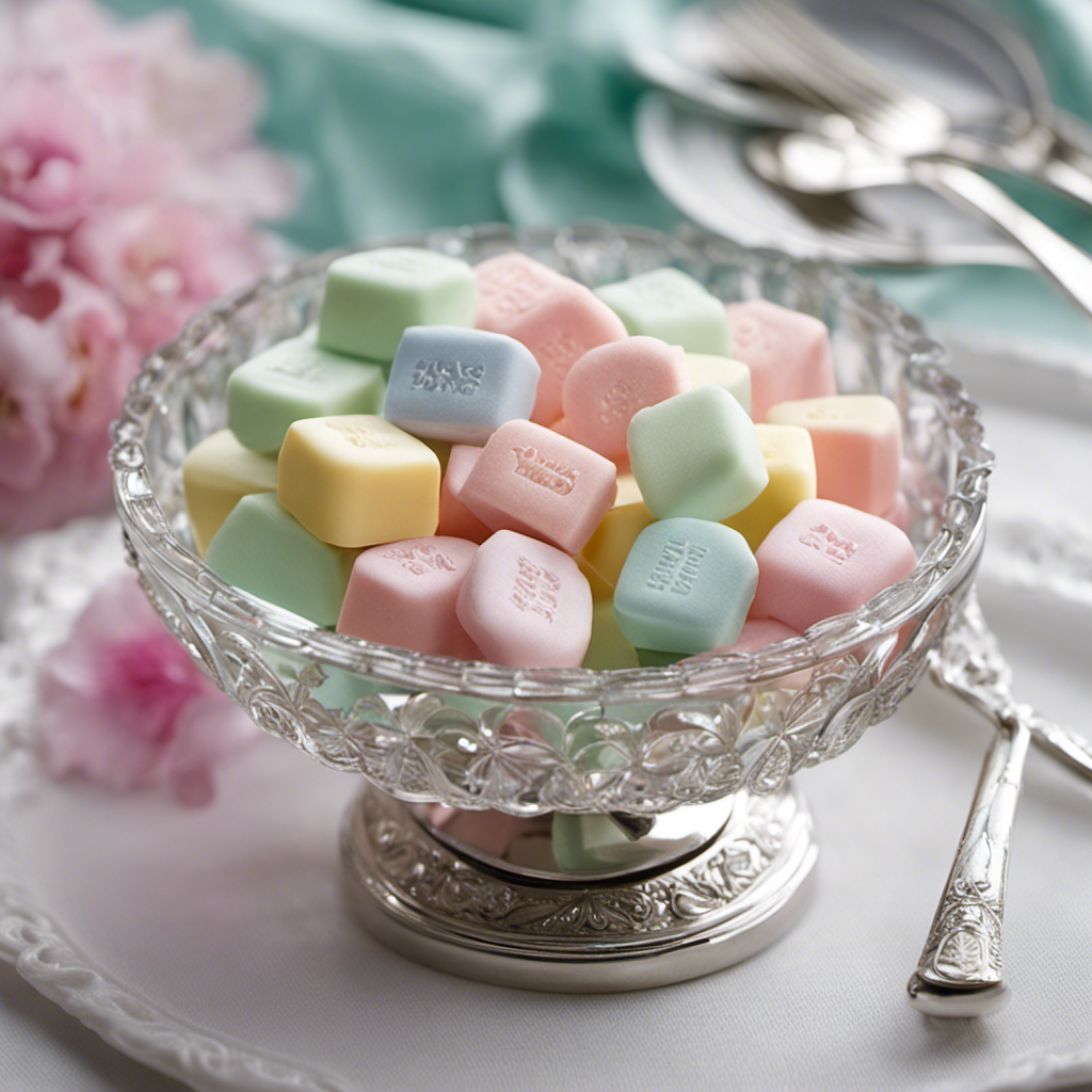 An image of a delicately arranged assortment of pastel-colored butter mints, adorned with elegant silver tongs, showcased on a vintage crystal dish atop a crisp white tablecloth, inviting readers to discover the ultimate destinations for purchasing these delectable treats