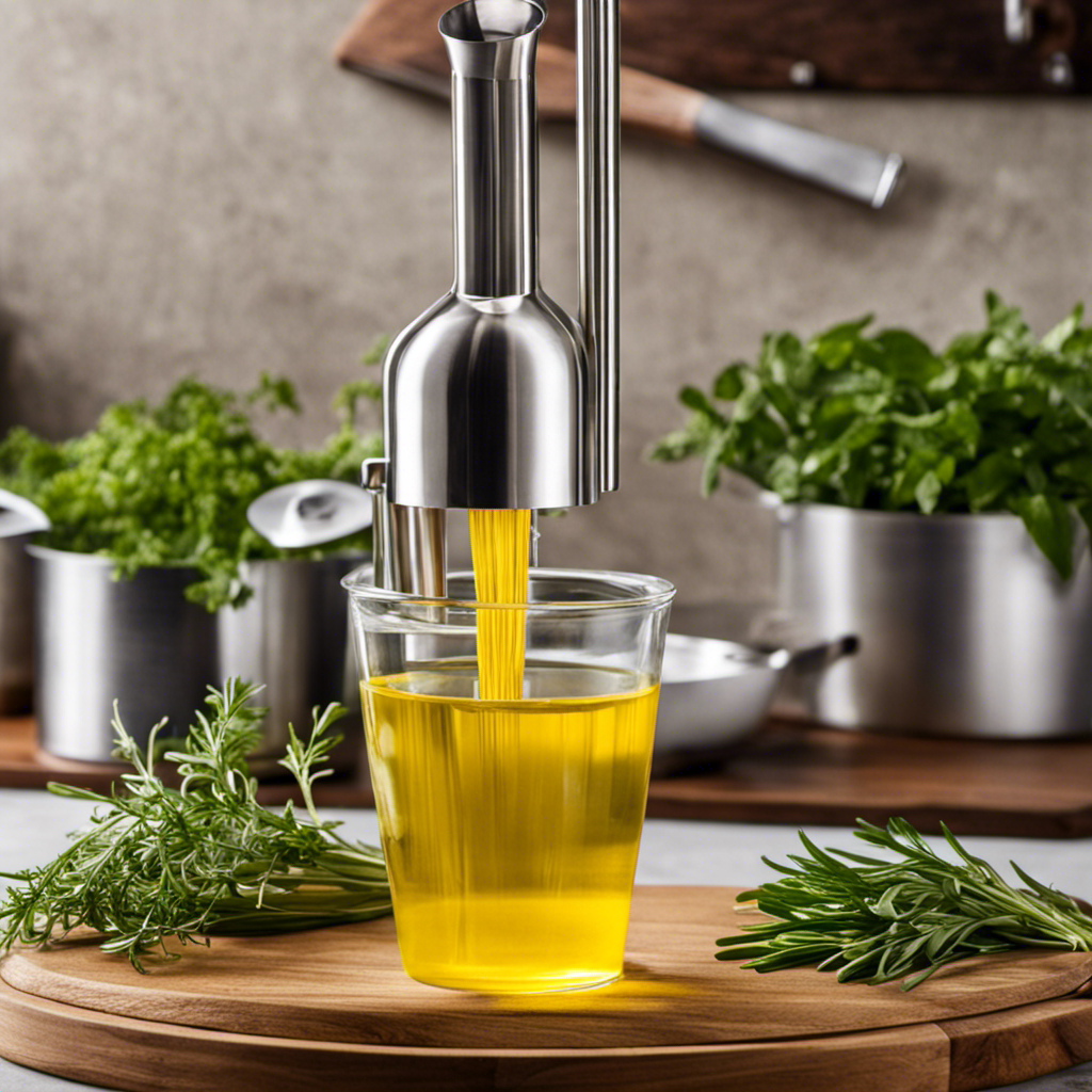 An image showcasing a sleek, stainless steel butter oil infuser placed on a wooden countertop