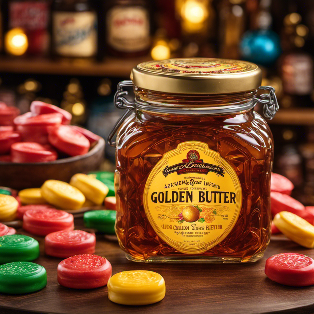 An image showcasing a tantalizing display of golden Butter Rum Lifesavers, neatly arranged in a vintage glass jar, nestled amidst a backdrop of a quaint candy store with shelves filled with various sweet treats