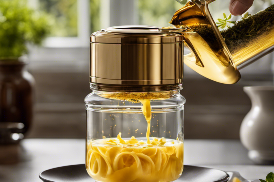 An image showcasing a Levo Infuser pouring warm, golden butter into a glass jar