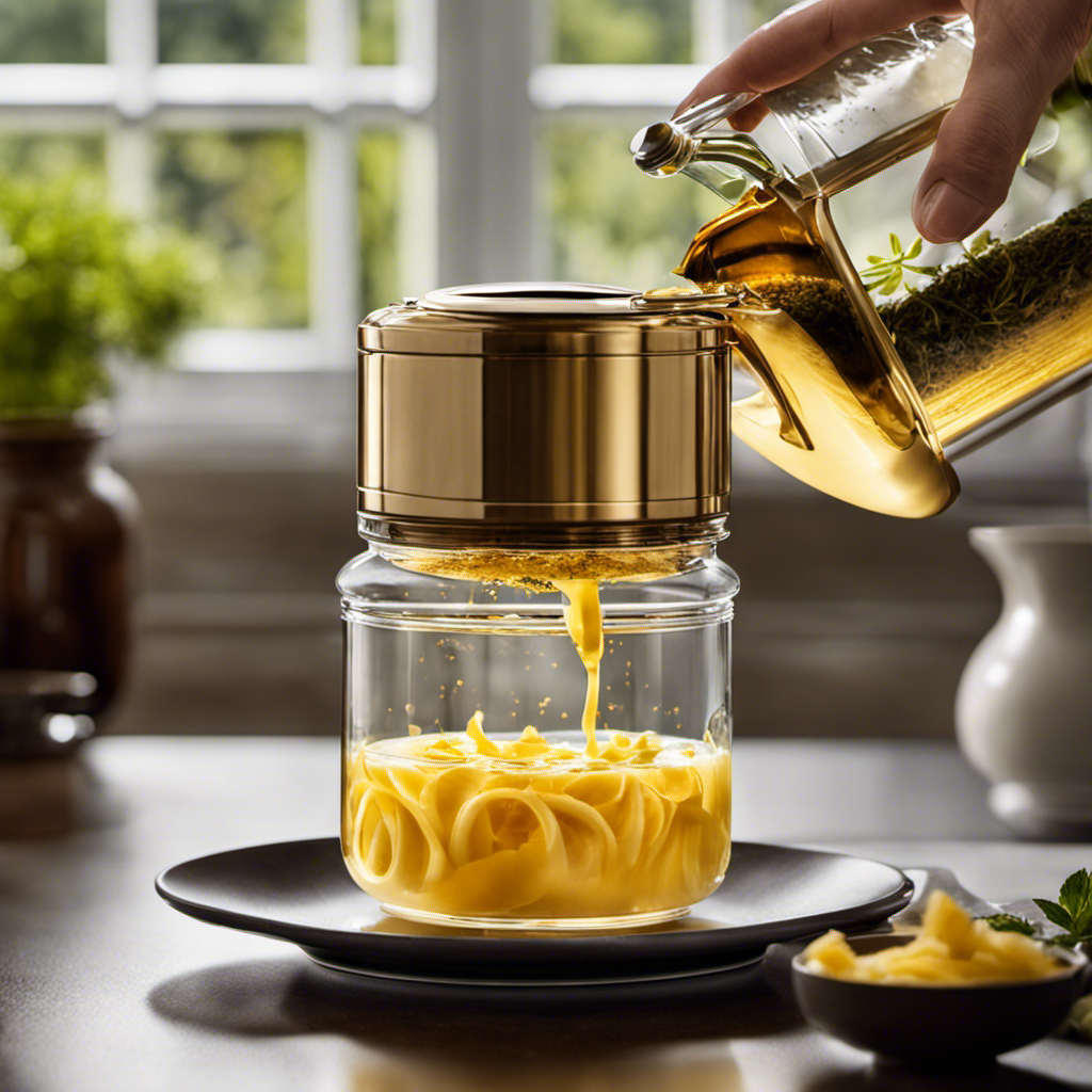 An image showcasing a Levo Infuser pouring warm, golden butter into a glass jar