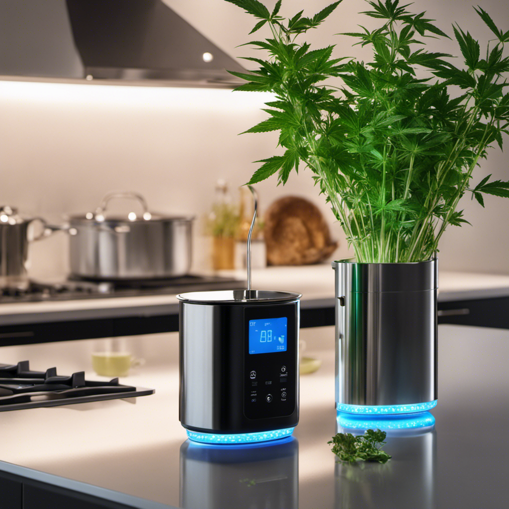 An image showcasing a sleek, modern kitchen counter adorned with a stainless steel cannabis butter infuser