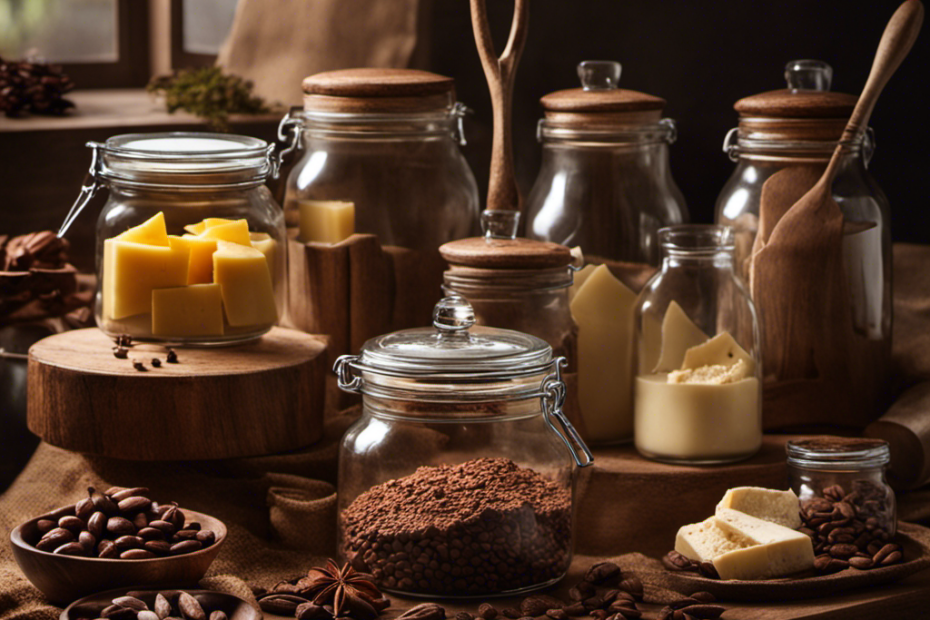 An image showcasing a cozy kitchen with a rustic wooden countertop adorned with a glass jar filled with creamy cocoa butter, surrounded by natural ingredients like cocoa beans, vanilla pods, and a whisk, evoking the essence of homemade cooking