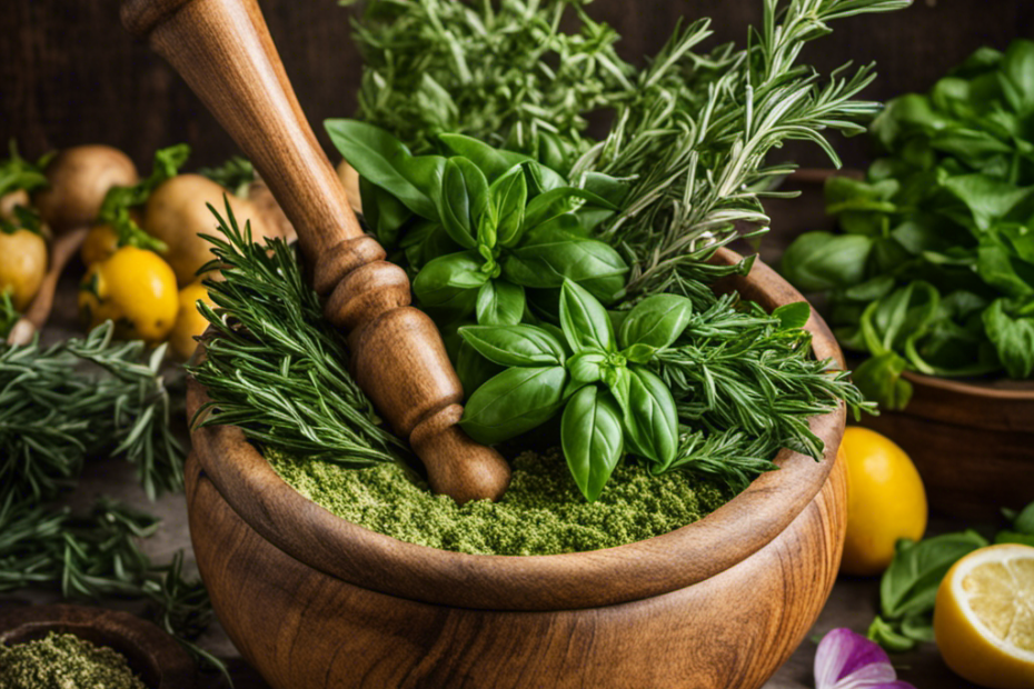 An image that showcases a rustic wooden mortar and pestle, surrounded by vibrant fresh herbs like rosemary, thyme, and basil