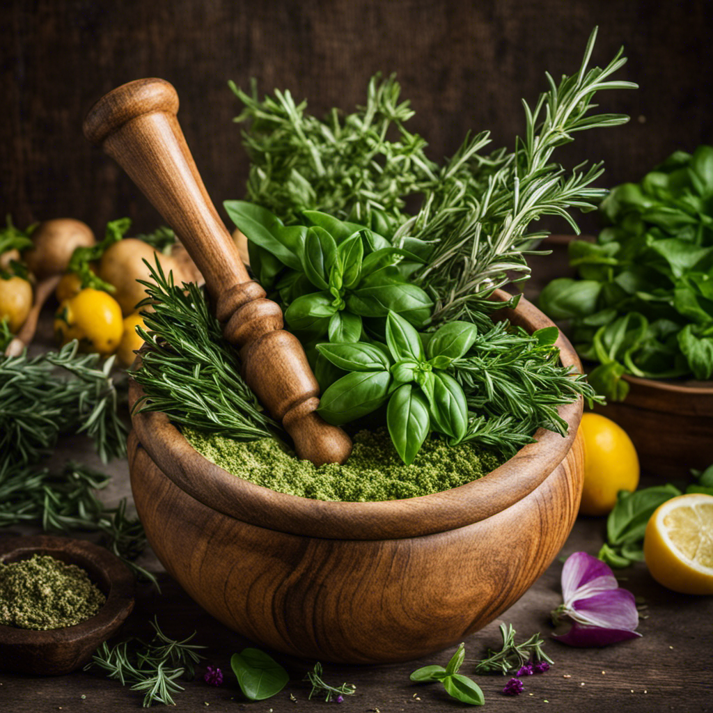 An image that showcases a rustic wooden mortar and pestle, surrounded by vibrant fresh herbs like rosemary, thyme, and basil
