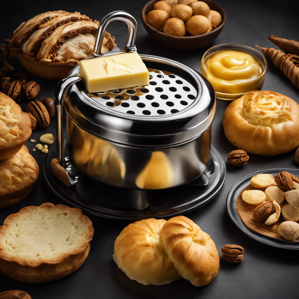 An image depicting a close-up shot of a sleek, stainless steel butter infuser, surrounded by a variety of freshly baked pastries, golden butter slowly melting into their warm layers