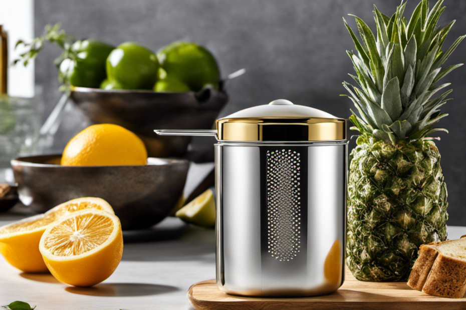 An image of a sleek, modern kitchen countertop adorned with a luxurious silver butter infuser, emitting a soft golden glow