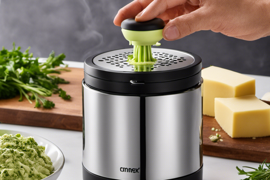 An image showcasing a sleek Magic Butter Maker in action: a stainless steel device whirring with vibrant green herbs inside, emitting aromatic vapors, surrounded by a cloud of excitement and curiosity
