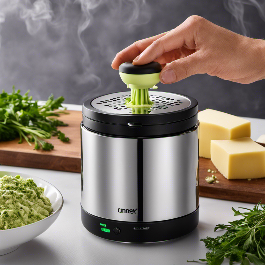 An image showcasing a sleek Magic Butter Maker in action: a stainless steel device whirring with vibrant green herbs inside, emitting aromatic vapors, surrounded by a cloud of excitement and curiosity