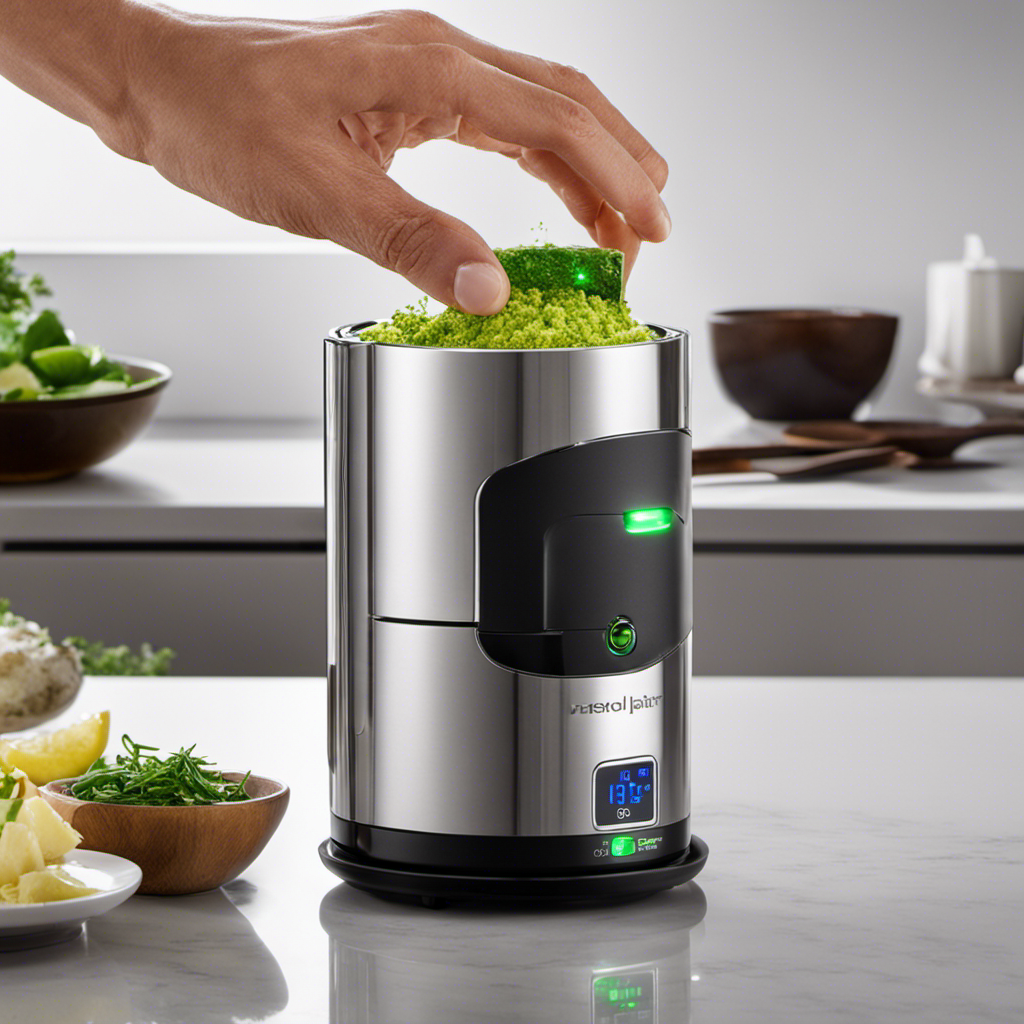 An image showcasing a sleek, modern Magic Butter Maker on a kitchen countertop with a vibrant green herbal infusion gently simmering inside