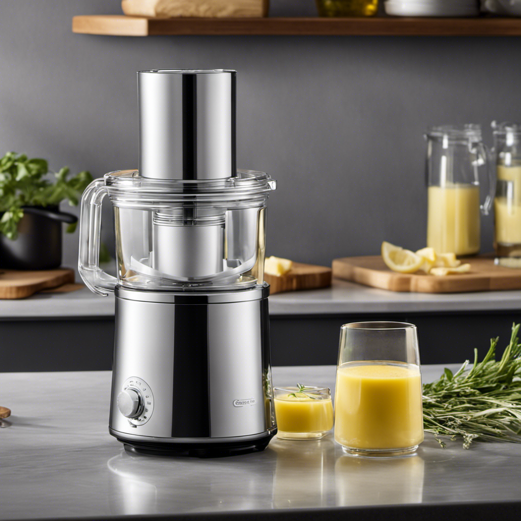An image that captures the magic of the Easy Butter Infuser Machine: a sleek, stainless steel appliance with a clear chamber, gently swirling with melted butter infused with aromatic herbs, ready to elevate your culinary creations