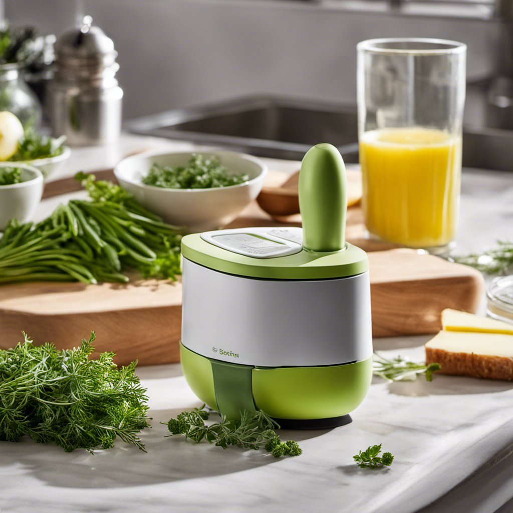 An image showcasing the Easy Butter Maker 1 Stick, filled with vibrant green herbs, perfectly balanced on a kitchen countertop