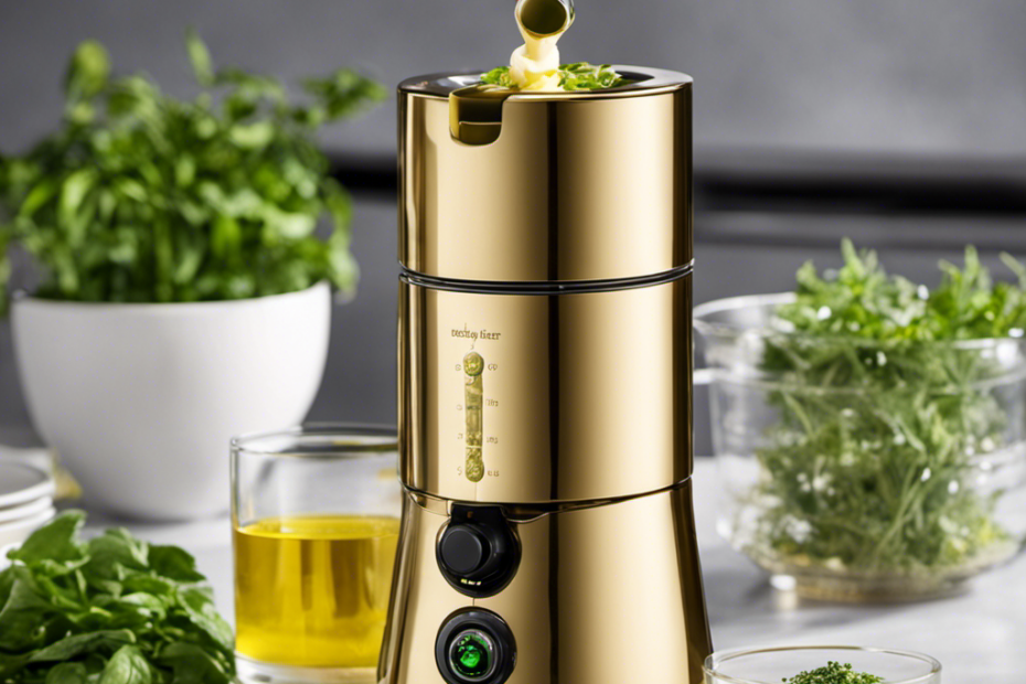 An image showcasing the Easy Butter Maker Magical Botanical Oil Infuser Machine in action: a sleek, stainless steel contraption effortlessly infusing vibrant green herbs into golden liquid, emitting aromatic vapors and filling the air with an enticing aroma