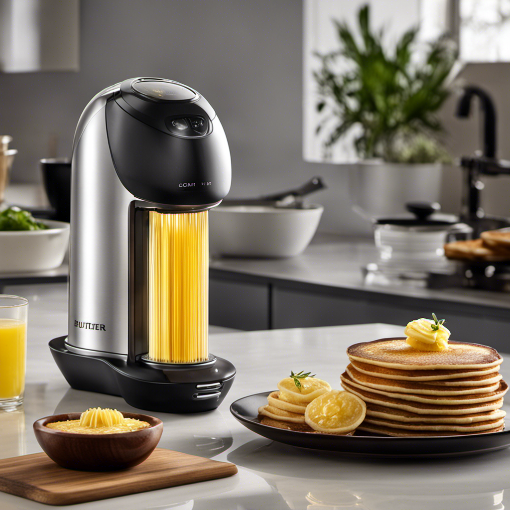 An image showcasing an elegant kitchen countertop with a modern, sleek Electric Butter Infuser in action