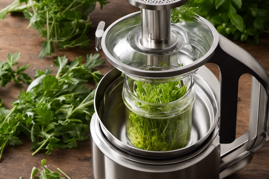 An image showcasing a sleek, stainless steel Herb Butter Infuser Machine with a transparent lid, surrounded by vibrant green herbs, as wisps of fragrant steam escape through the vent