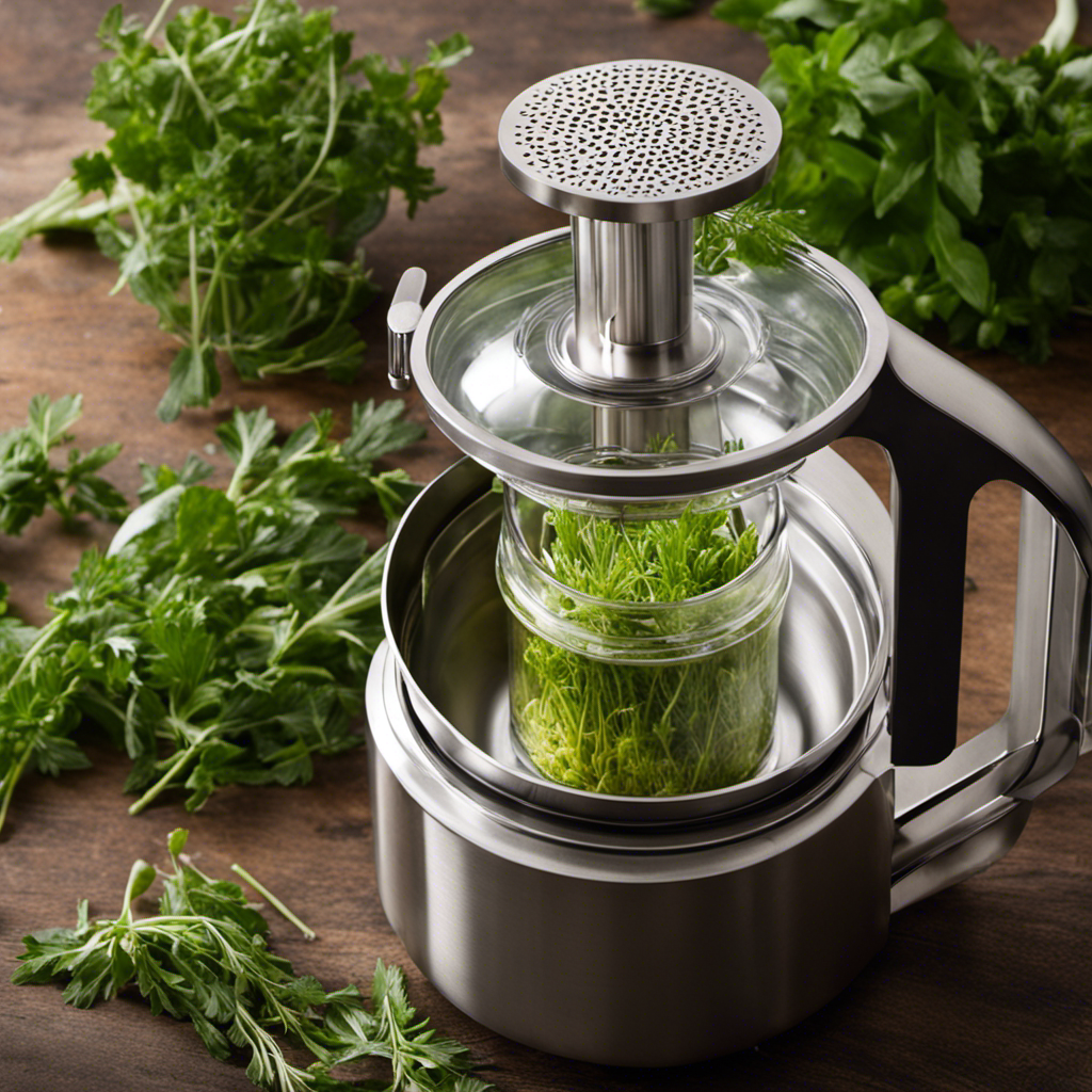An image showcasing a sleek, stainless steel Herb Butter Infuser Machine with a transparent lid, surrounded by vibrant green herbs, as wisps of fragrant steam escape through the vent