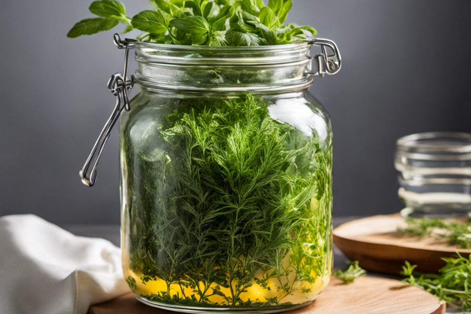 An image showcasing a clear glass jar filled with vibrant green, freshly chopped herbs suspended in creamy, melted butter