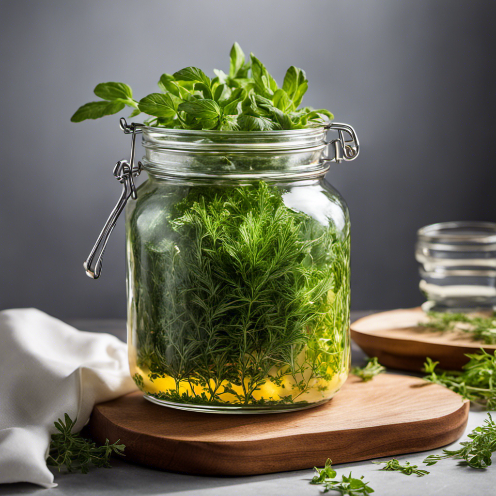 An image showcasing a clear glass jar filled with vibrant green, freshly chopped herbs suspended in creamy, melted butter