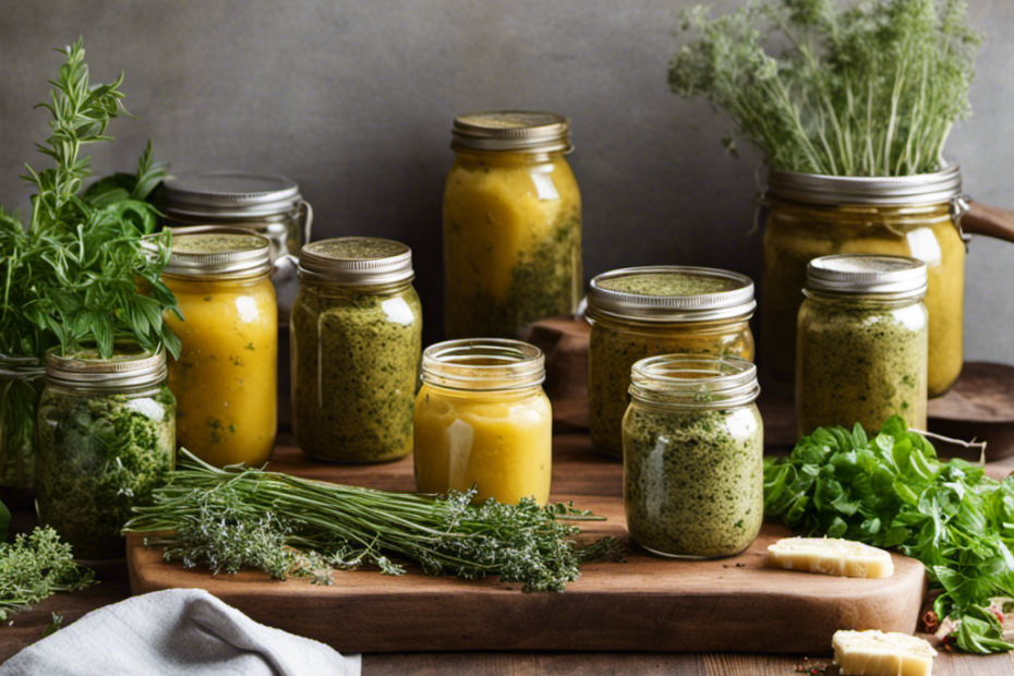 An image of a rustic wooden table adorned with an assortment of fresh herbs, surrounded by an array of mason jars filled with vibrant, homemade herbal butter