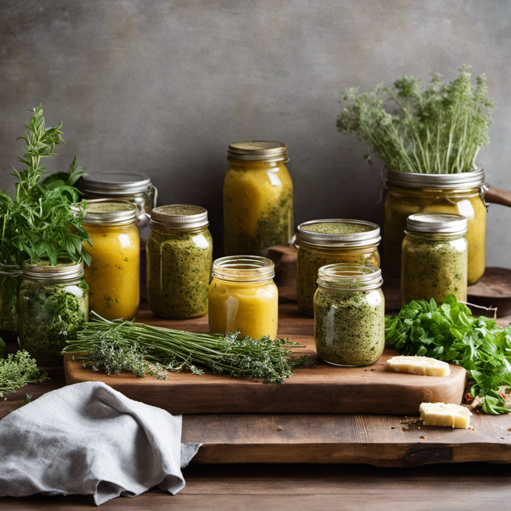 An image of a rustic wooden table adorned with an assortment of fresh herbs, surrounded by an array of mason jars filled with vibrant, homemade herbal butter