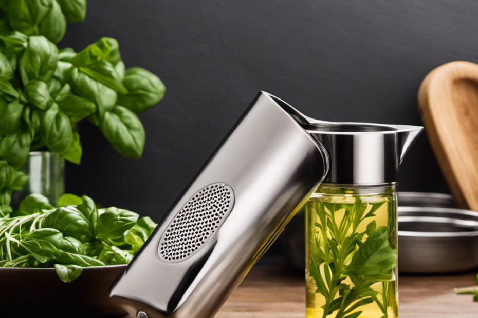 An image showcasing a close-up shot of a sleek, stainless steel Herbal Butter Infuser on a kitchen countertop