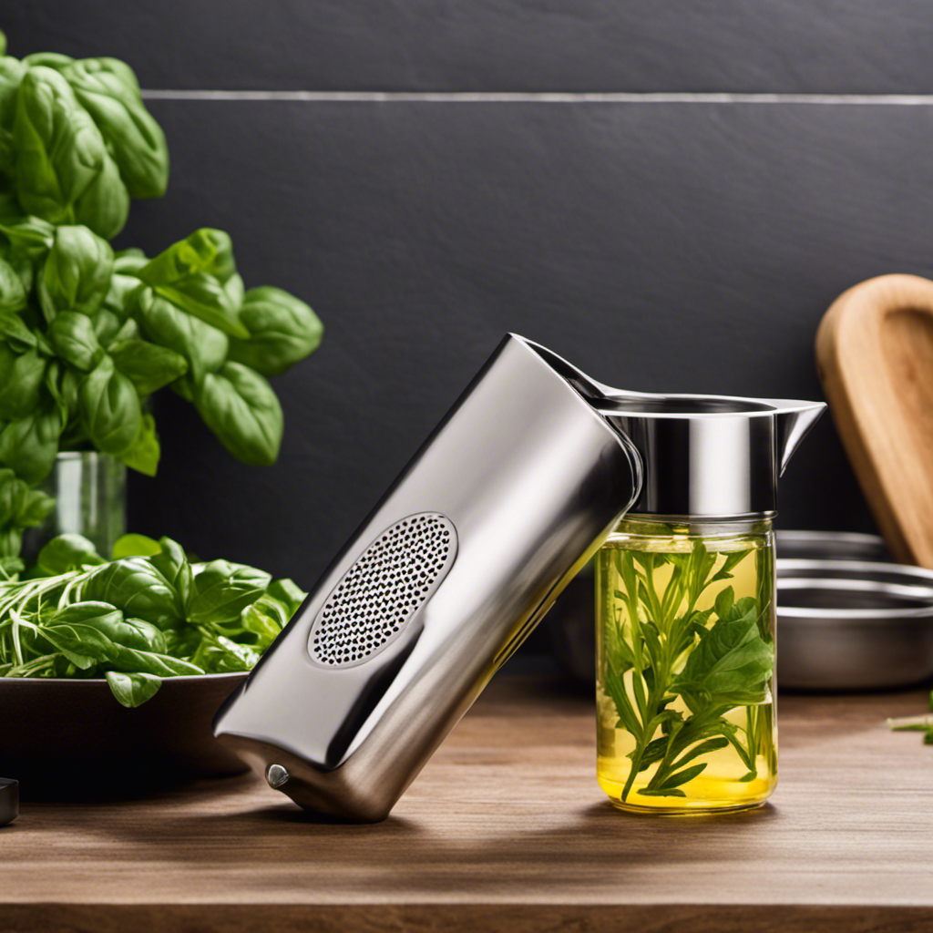 An image showcasing a close-up shot of a sleek, stainless steel Herbal Butter Infuser on a kitchen countertop