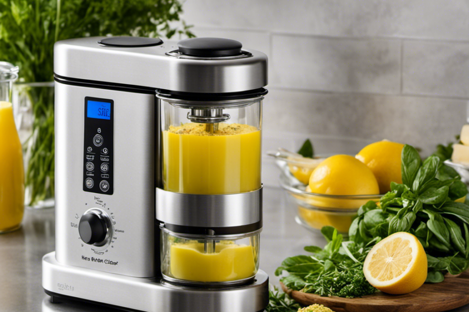An image showcasing the Herbal-Chef-110v-Electric-Butter-Infuser in action: a sleek, silver appliance sitting on a kitchen counter, surrounded by vibrant, freshly picked herbs and a bowl of melted butter, emitting a warm, aromatic vapor