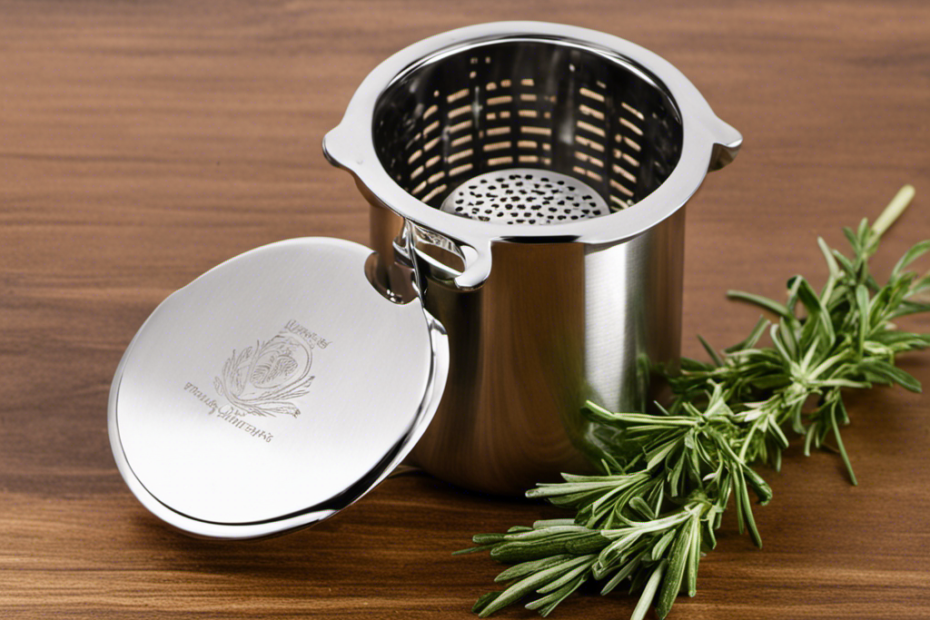 An image showcasing a sleek, stainless steel Herbal Chef Butter Infuser, surrounded by vibrant, fresh herbs like rosemary and thyme