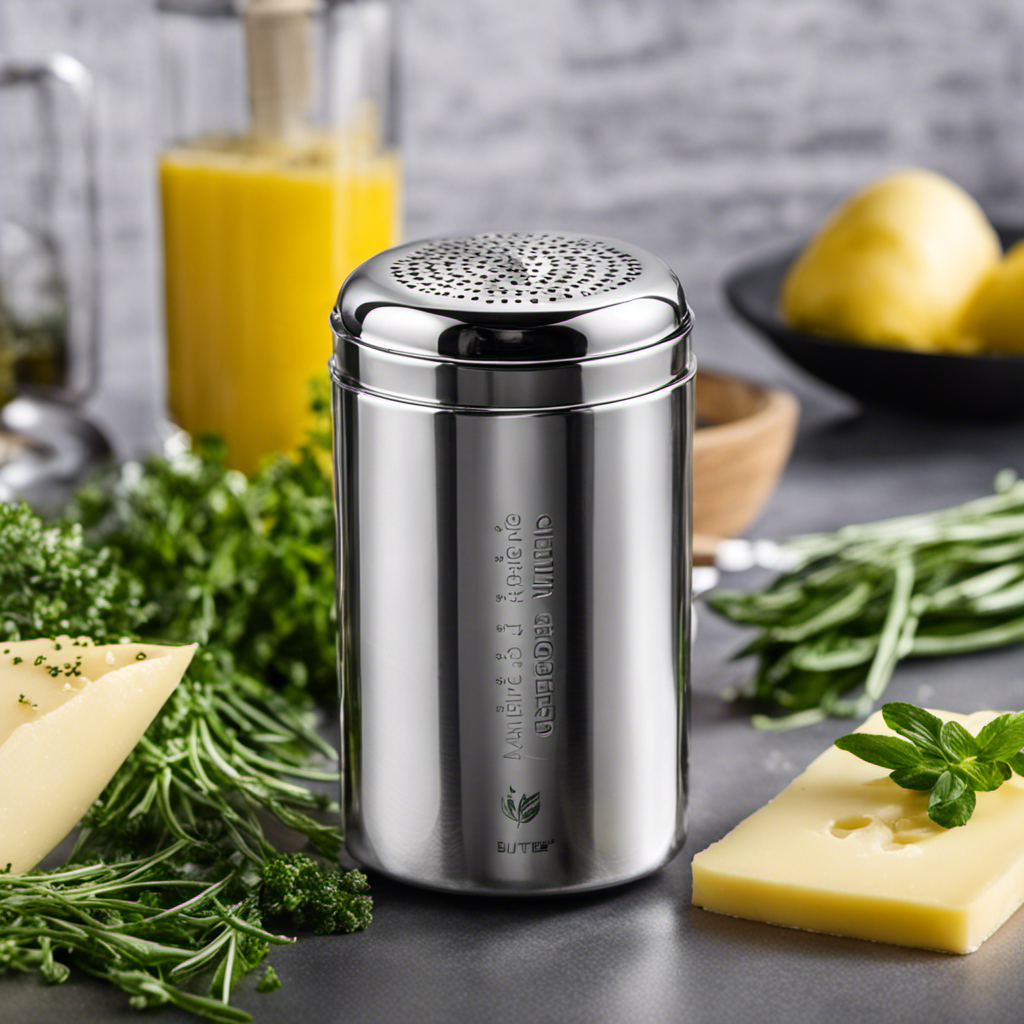 An image showcasing the Herbal Chef Butter Infuser - a sleek, stainless steel device with precise temperature control, depicting fresh herbs being infused into butter, emitting fragrant swirls of steam