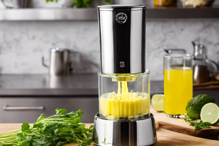 An image showcasing the Herbal Chef Electric Butter Infuser in action, with vibrant green herbs swirling effortlessly into melted butter, as a soft glow illuminates the sleek stainless steel design
